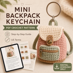 Mini-rugzak sleutelhanger gehaakt patroon pdf, tashanger amigurumi-patroon, schattige gehaakte rugzaksleutelhanger, digitale download