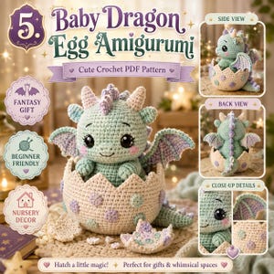 May include: A crochet amigurumi baby dragon emerging from a speckled egg. The dragon is light green with purple wings and spikes. The egg is cream-colored with light green and purple spots. Text includes 5. Baby Dragon Egg Amigurumi.