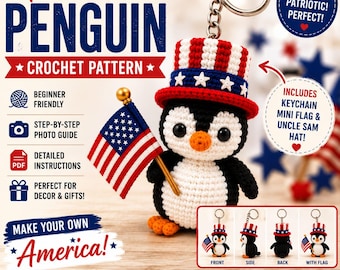 Patriotic Penguin Crochet Pattern PDF, Amigurumi Penguin Keychain Pattern, 4th of July Crochet, American Flag Bag Charm, Digital Download
