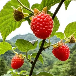 May include: A cluster of bright red raspberries growing on a green stem with serrated leaves. The fruit displays a textured, bumpy surface and is attached to small green calyxes. One unripe, pale green berry is visible near the top left corner.