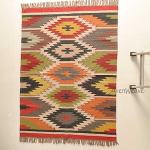 Colorful Tribal Geometric Rug, Handwoven Boho Area Rug, Southwestern Style Kilim, Rustic Home Decor, Flatweave Runner, Handmade Kilim Rug