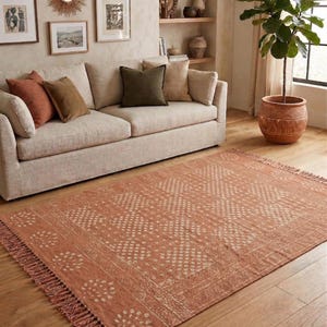 May include: A terracotta-colored area rug with a geometric pattern and fringe. The rug is placed on a hardwood floor in a living room setting, with a beige sofa and decorative pillows visible in the background.