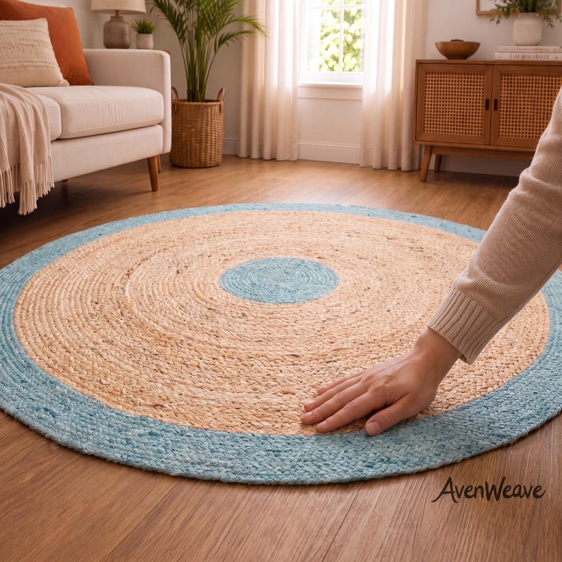 Handmade Aqua Blue Round Jute Rug | Braided Natural Fiber Area Rug ...
