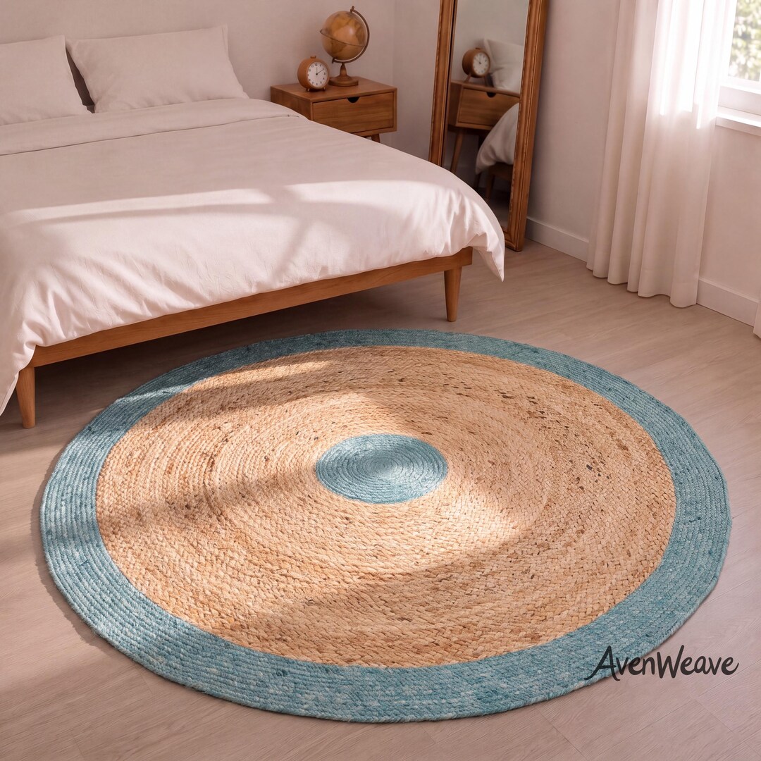 Handmade Aqua Blue Round Jute Rug | Braided Natural Fiber Area Rug ...