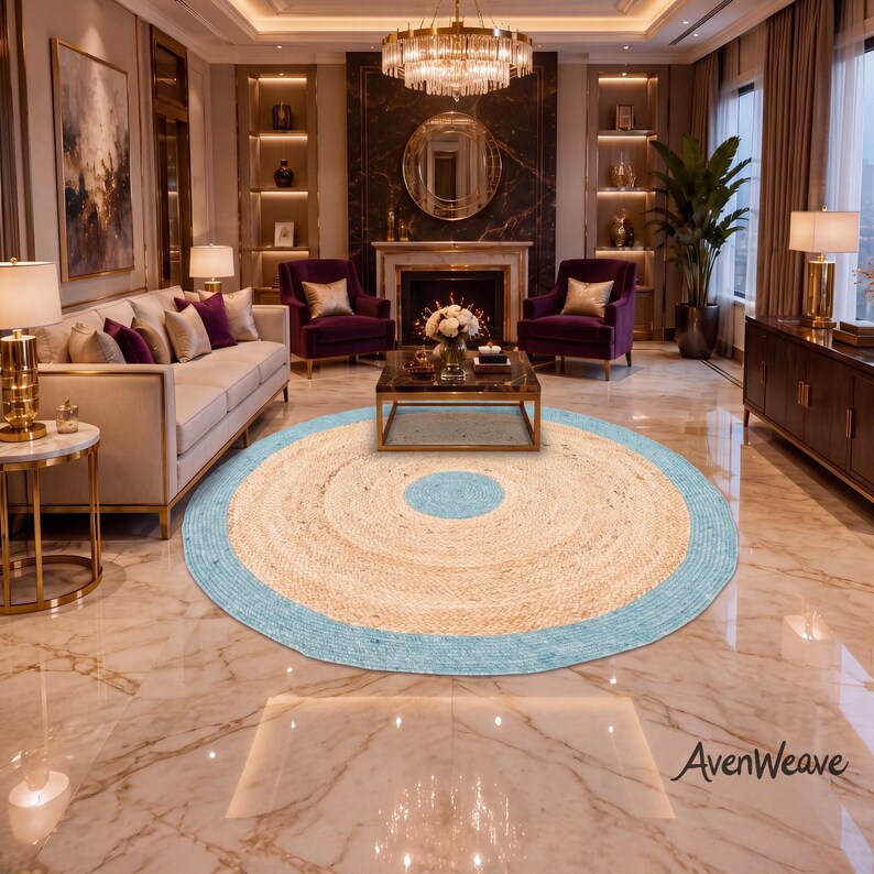 Handmade Aqua Blue Round Jute Rug | Braided Natural Fiber Area Rug ...
