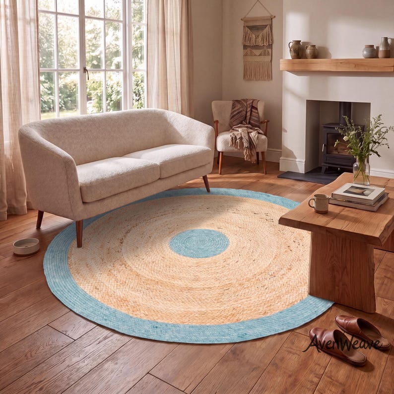 Handmade Aqua Blue Round Jute Rug | Braided Natural Fiber Area Rug ...