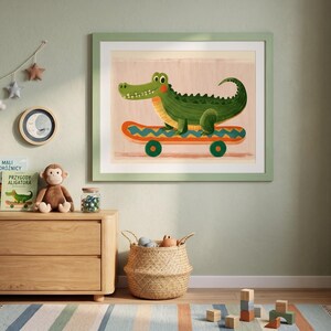 Modern digital painting of a crocodile on a skateboard with dynamic action lines.