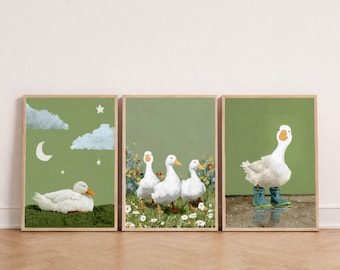 Conjunto de láminas digitales de patos adorables, láminas de pared con rayas verde salvia, decoración infantil, láminas para amantes de los animales, póster de animales de granja con un toque original.