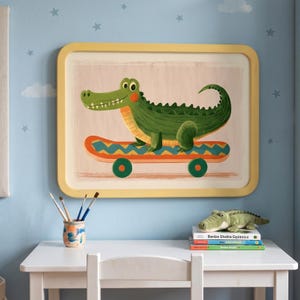 Cool alligator skater boy wall art in a vibrant graffiti style for kids room.
