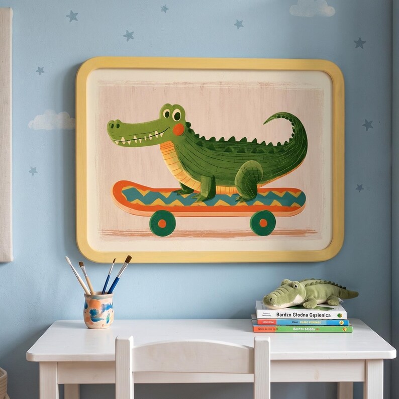 Cool alligator skater boy wall art in a vibrant graffiti style for kids room.