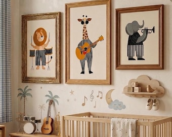 Juego de 3 láminas decorativas infantiles con temática de orquesta animal: león, jirafa y elefante. Decoración bohemia neutra para habitaciones infantiles. Descarga digital.
