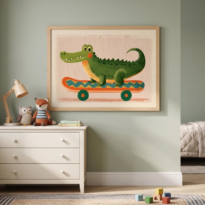 Urban street art illustration of a green crocodile riding a skateboard with paint splatters.