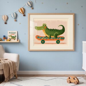 Skater aesthetic poster featuring a cute alligator character and urban street decor.