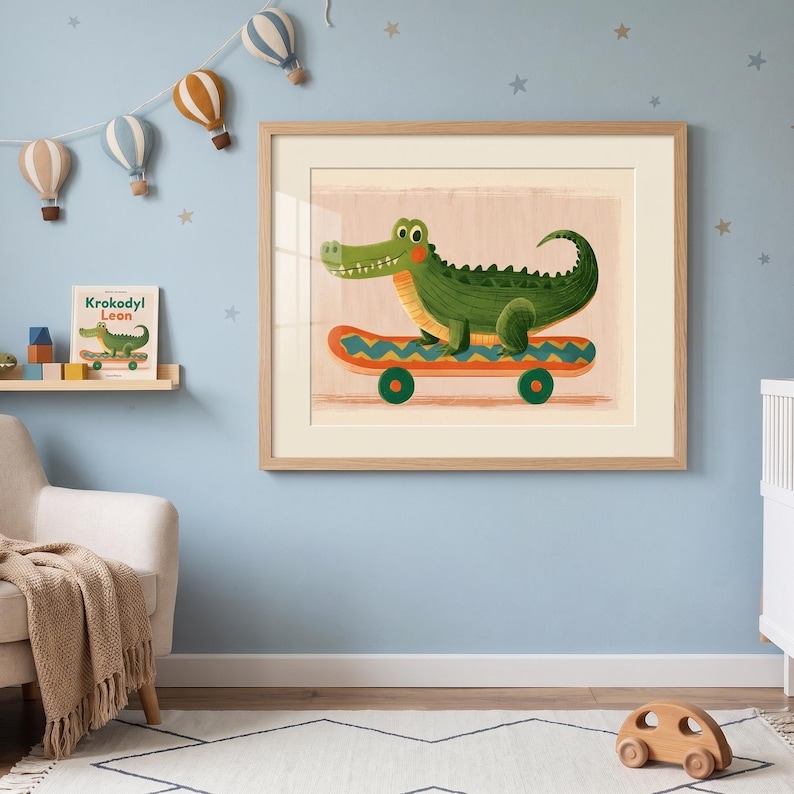 Skater aesthetic poster featuring a cute alligator character and urban street decor.