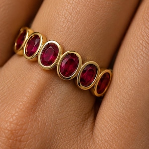 Lab Ruby Eternity Band Oval Bezel Set Full Eternity Ring 14K Gold Red Stackable Ring Women Anniversary Wedding Gift