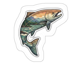 Salmon Double Exposure Sticker - Leaping Salmon PNW River | Pacific Northwest Fishing Nature | Vinyl Decal Water Bottle Laptop