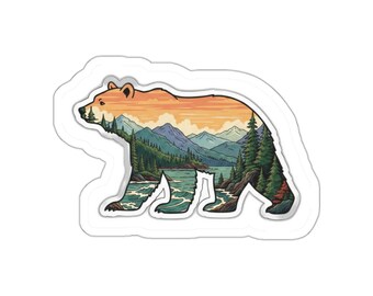 Bear Double Exposure Sticker - Black Bear PNW Forest | Pacific Northwest Mountain Nature | Vinyl Decal Water Bottle Laptop
