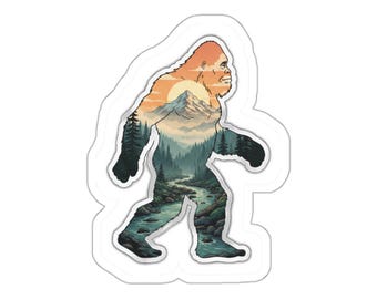 Bigfoot Double Exposure Sticker - Sasquatch PNW Forest | Pacific Northwest Misty Mountain River | Vinyl Decal Water Bottle Laptop