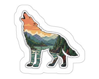 Wolf Double Exposure Sticker - Howling Wolf PNW Mountains | Pacific Northwest Wilderness | Vinyl Decal Water Bottle Laptop