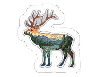 Elk Double Exposure Sticker - Bull Elk PNW Mountains | Pacific Northwest Wildlife Nature | Vinyl Decal Water Bottle Laptop