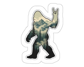 Sasquatch Rock On Sticker - Double Exposure Bigfoot Forest | Funny PNW Nature Music | Vinyl Decal Water Bottle Laptop