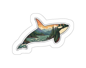 Orca Double Exposure Sticker - Killer Whale PNW Coast | Pacific Northwest Ocean Nature | Vinyl Decal Water Bottle Laptop