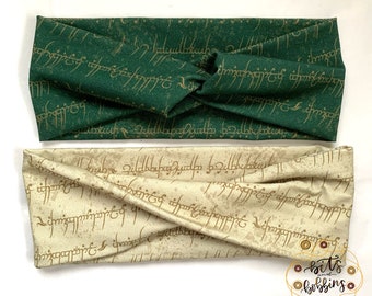 Elvish Script Adult Headband - twisted crossover foldover turban - green beige- workout, messy hair, comfy, wrap - adult size