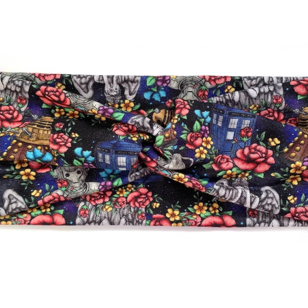 Police Box Items Floral Headband - Fandom London Time Geek 3 styles to choose from twisted, fold over and crossover - kid and adult size