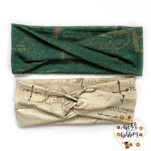 Middle Map Adult Headband - twisted crossover foldover turban - green beige- workout, messy hair, comfy, wrap - adult size