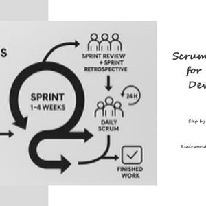 Puede incluir: Diagrama que ilustra el proceso Scrum para el desarrollo de hardware. El gráfico muestra un flujo circular con etapas como Product Owner, Product Backlog, Sprint, Daily Scrum y Finished Work. El texto incluye "Scrum Framework for Hardware Development."