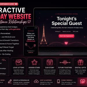 Puede incluir: Un sitio web de cumpleaños interactivo para relaciones a larga distancia mostrado en una computadora portátil y un teléfono inteligente. La interfaz oscura presenta texto rosa, iconos de corazón y gráficos de la Torre Eiffel y el Empire State Building.