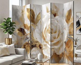 Separador de ambientes con rosas blancas, biombo plegable floral dorado, panel de privacidad de lujo, elegante separador de pared.
