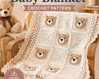 Patrón de manta de bebé de osito de ganchillo en PDF / Manta infantil de osito de peluche / Linda manta de bebé de ganchillo / Regalo DIY ideal para principiantes