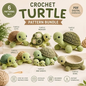 May include: A crochet pattern bundle featuring six different turtle designs. The image showcases various crocheted turtles in shades of green and brown, including a turtle bowl. The text reads "Crochet Turtle Pattern Bundle."