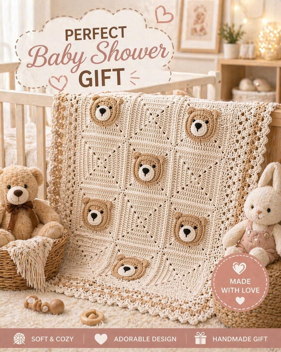 Crochet Bear Baby Blanket Pattern PDF | Teddy Bear Nursery Blanket ...