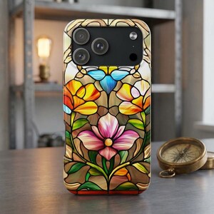 Estuche para teléfono con diseño floral de vitrales / Estuche resistente para teléfono