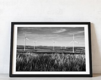 Brecon Beacons Wind Turbines Art Print – Atmospheric Black & White Welsh Landscape Photography