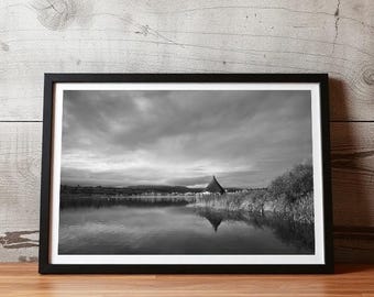 Crannog on Llangorse Lake, Brecon Beacons – Atmospheric Black & White Wales Landscape Photography