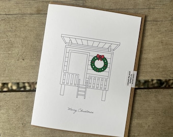 Merry Christmas Illustrated Treehouse Holiday Card, Festive Holiday Wreath, Happy Holidays, Kids Seasons Greetings (Blank Inside)