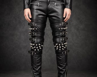 Pantalones de cuero negro hechos a mano para motociclista, pantalones góticos punk para hombre, pantalones rockeros con pinchos, regalo de cuero genuino para él.