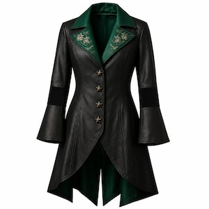 May include: A black long-sleeved coat with a high-low hemline, featuring a green lapel with gold floral embroidery. The coat has four gold star-shaped buttons down the front, flared sleeves with black panels, and a green interior lining.