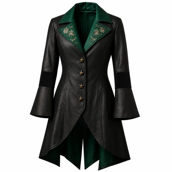 Women's Gothic Leather Coat, Victorian Tailcoat, Black Steampunk Jacket, Green Lapel Pirate Coat, Witch Cosplay Costume