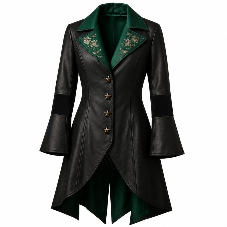 May include: A black long-sleeved coat with a high-low hemline, featuring a green lapel with gold floral embroidery. The coat has four gold star-shaped buttons down the front, flared sleeves with black panels, and a green interior lining.