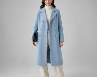 Abrigo largo cruzado de lana azul claro para mujer, elegante gabardina para la oficina, prenda de abrigo clásica minimalista de invierno, elegante regalo para ella.