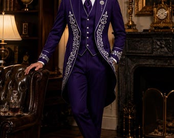 Traje de frac para hombre, esmoquin victoriano para boda, abrigo formal bordado, disfraz de príncipe real, ropa de lujo, atuendo gótico morado para novio