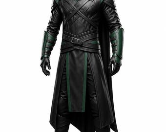 Abrigo de cuero hecho a mano para hombre, disfraz de pícaro medieval, chaqueta ninja con capucha para cosplay, atuendo gótico para LARP, detalles en verde oscuro.