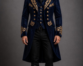 Abrigo de príncipe azul marino para hombre, estilo victoriano, con bordado dorado, ideal para bodas, novios, graduaciones y ocasiones formales.