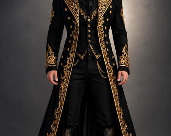 Chaqueta de frac gótico victoriano para hombre, abrigo de príncipe negro con bordados dorados, disfraz steampunk, abrigo largo de estilo militar real hecho a mano.