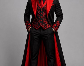 Esmoquin gótico victoriano rojo y negro para hombre, ideal para bodas, temática vampírica, steampunk, eventos formales y cosplay.