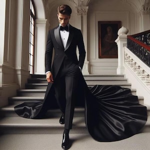 May include: A formal black tuxedo with a long, flowing tail. The tuxedo features a satin lapel, a white dress shirt, and a black bow tie. The ensemble includes black dress pants and shiny black dress shoes. The background shows a grand staircase.